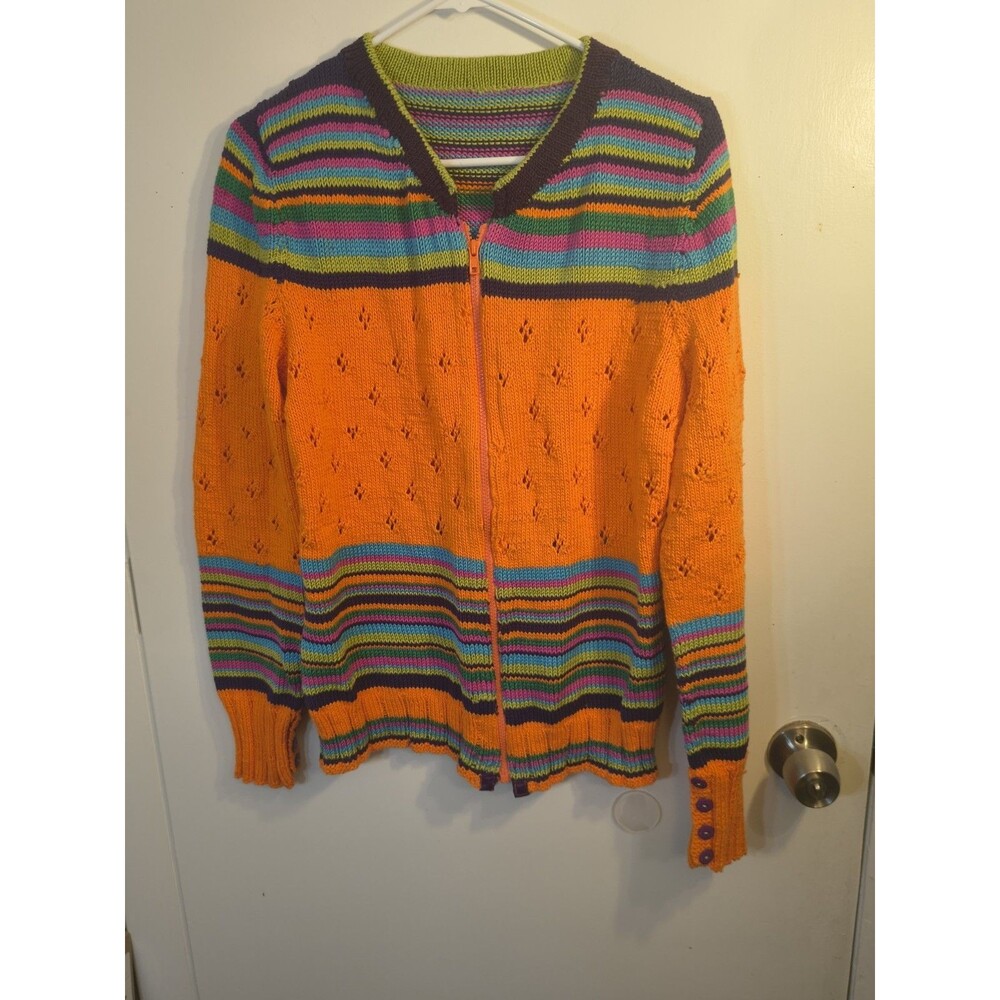 Rising International Cardigan Sweater Zip Orange Rainbow Stripe Pointelle Boho